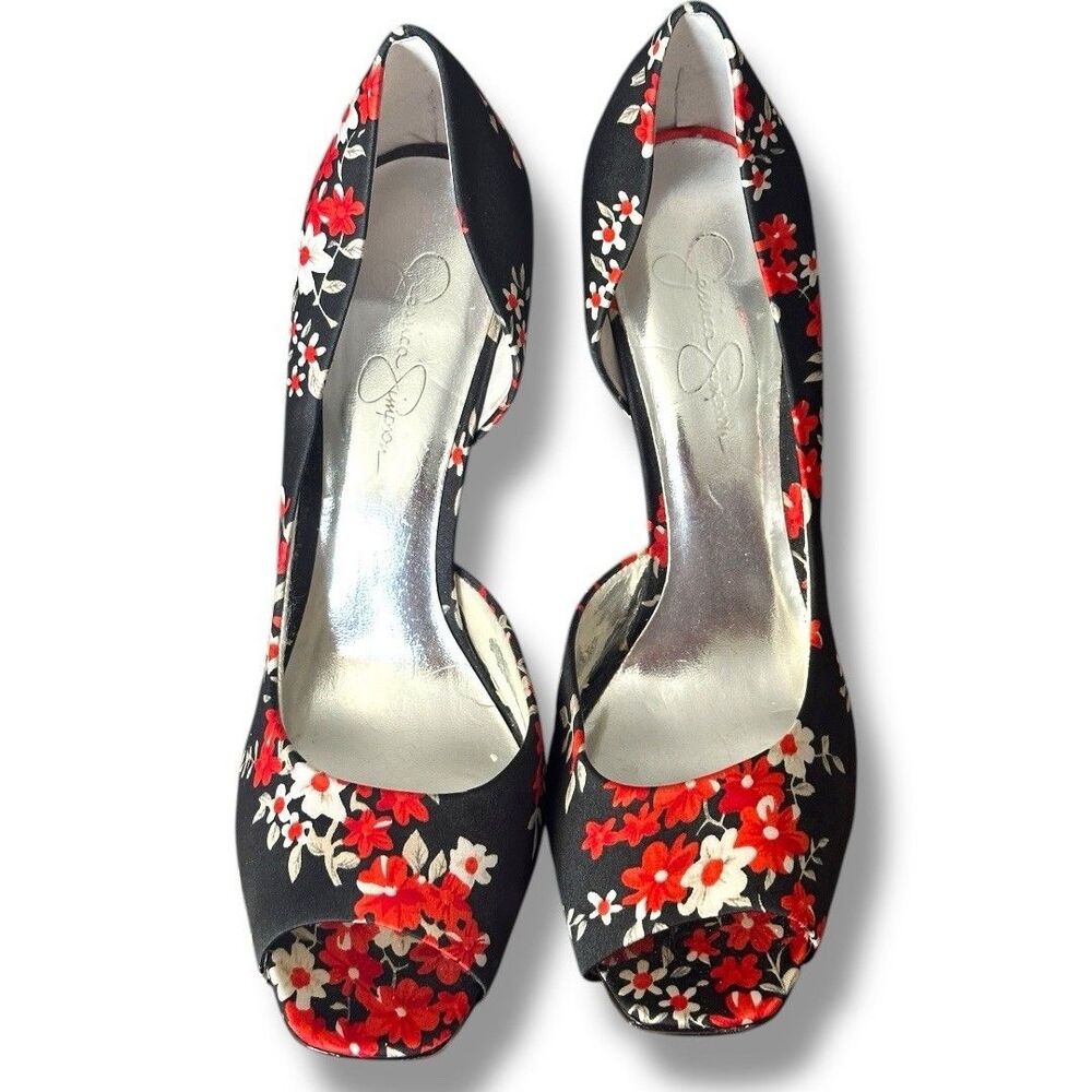 Jessica Simpson Stiletto Heels Black Red Floral Print Pumps Size 9.5
